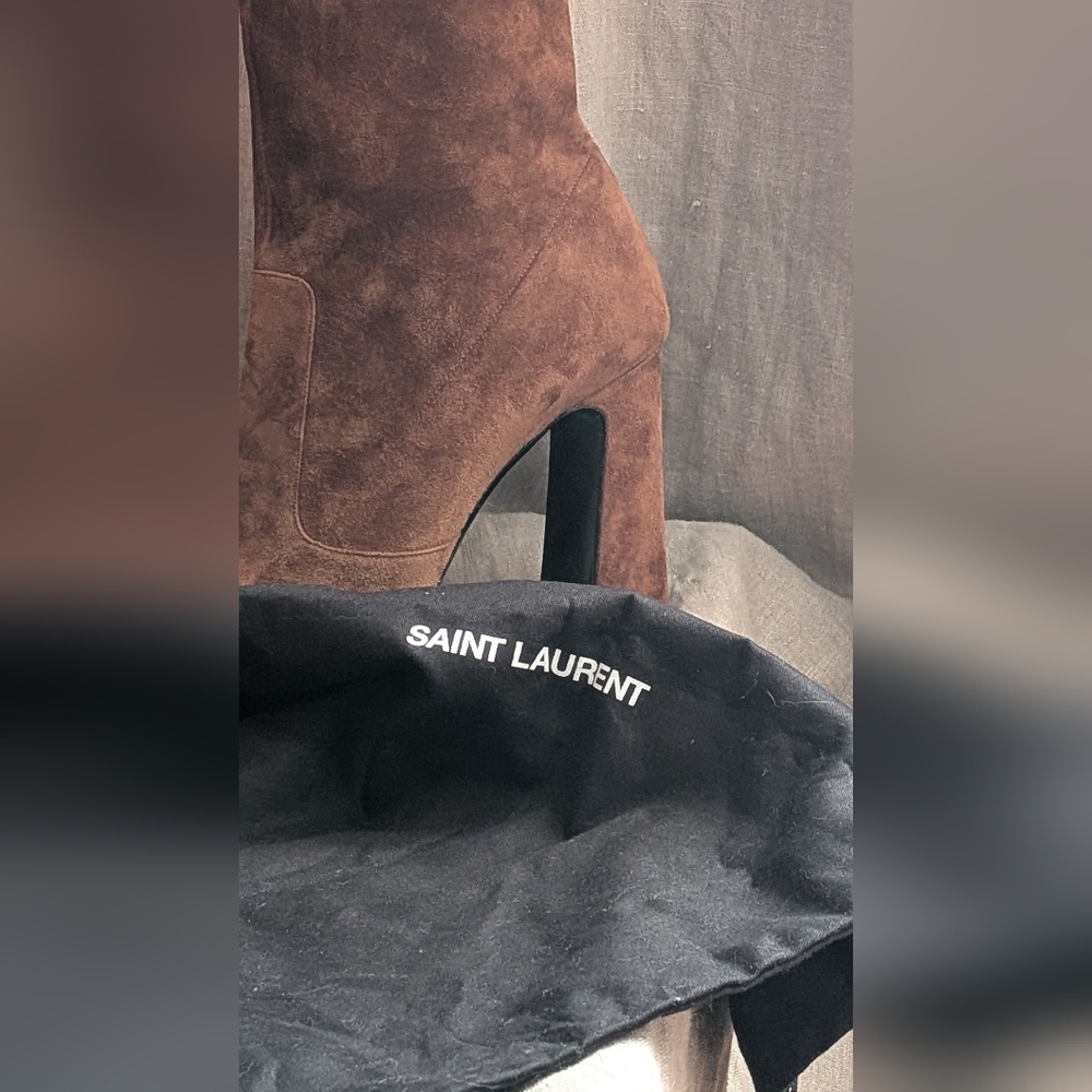 Saint Laurent Brown Suede Mid-Calf Block Heel Boots - Picture 5 of 5